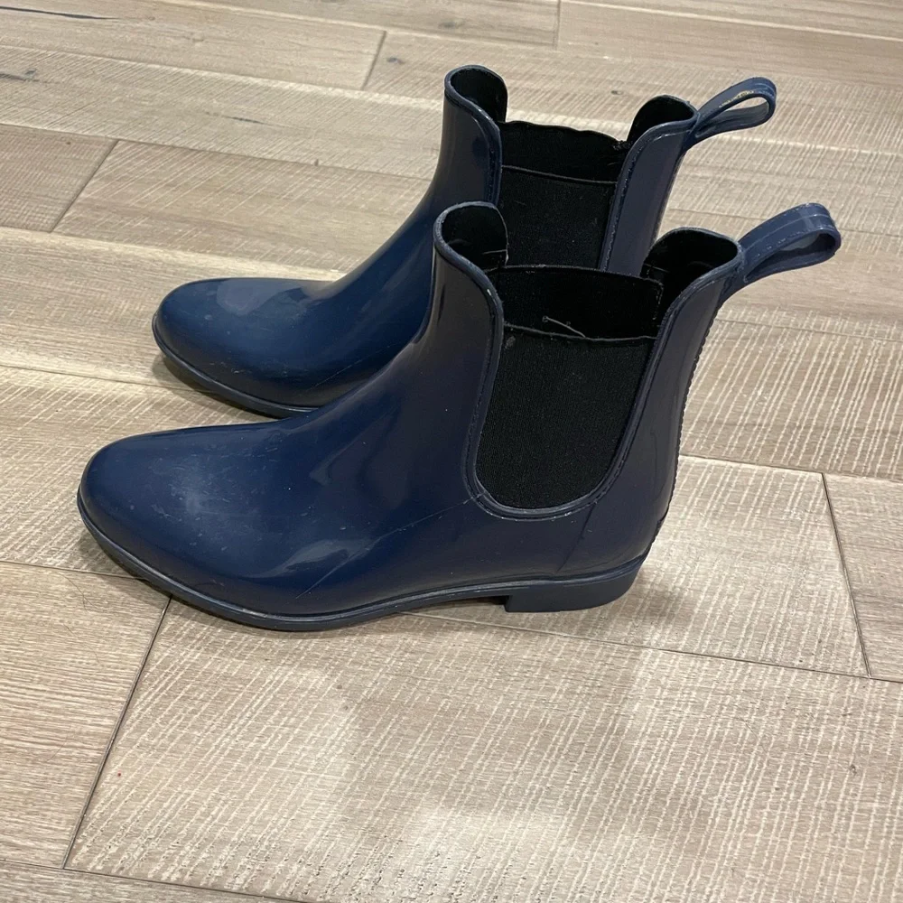J Crew Chelsea Blue Rain Booties Boots Ankle Length Shaft Size 7 - Picture 2 of 5